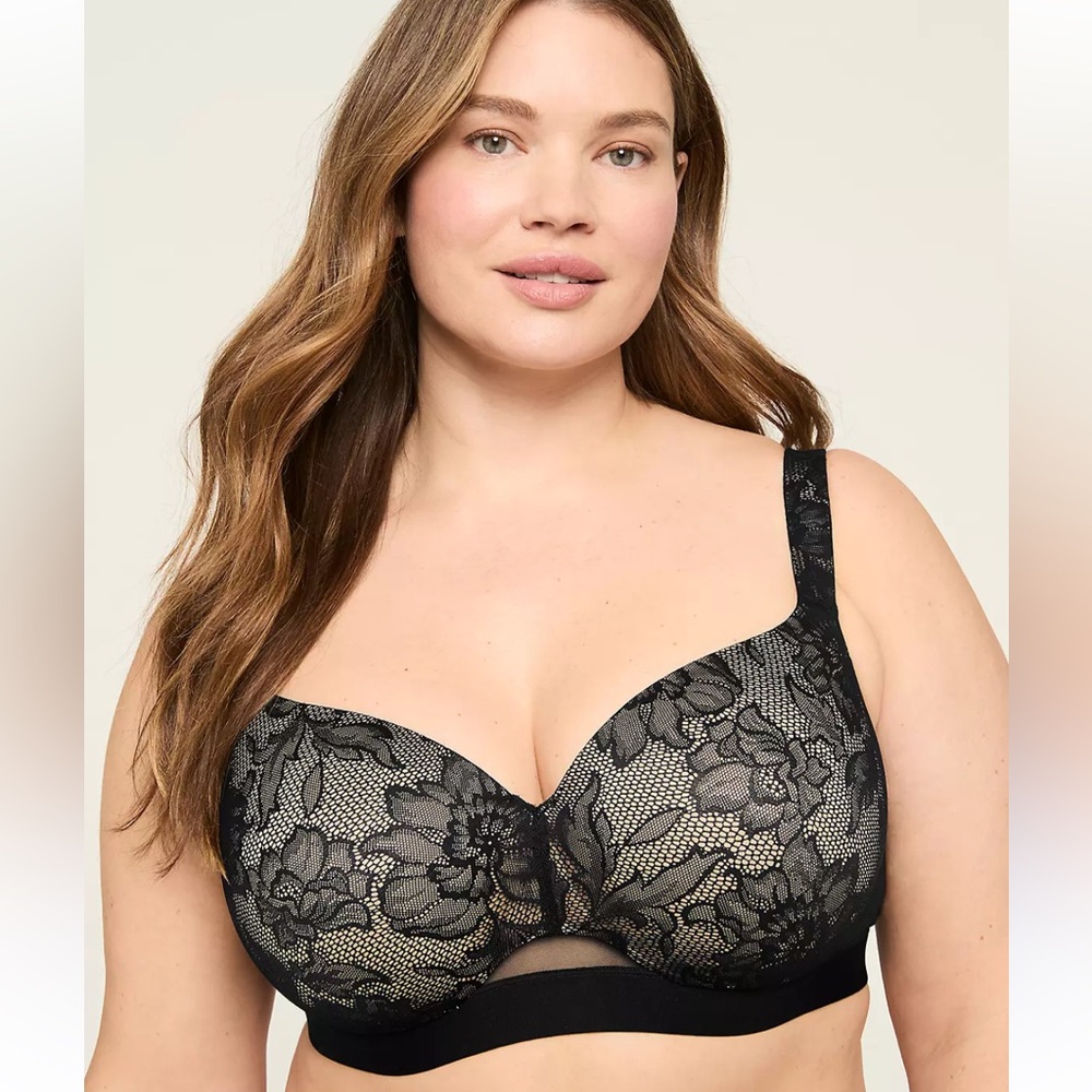Cacique Comfort Bliss  Black Lace Bra with Nude Underlay